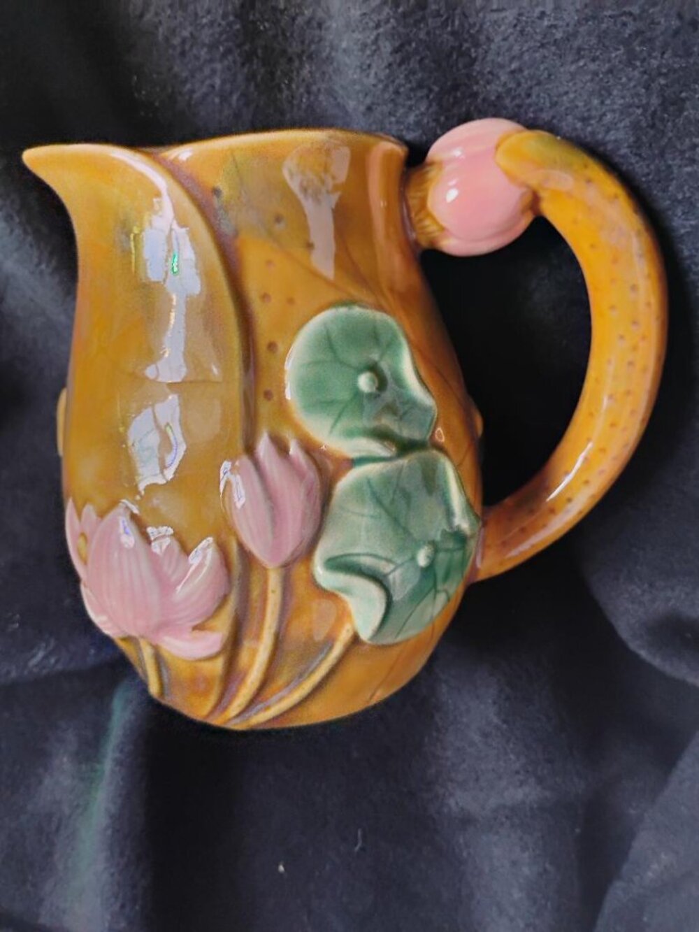 Hand-painted, stoneware lotus flower pitcher